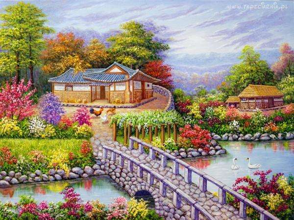 râu, pod, case, grădină jigsaw puzzle online
