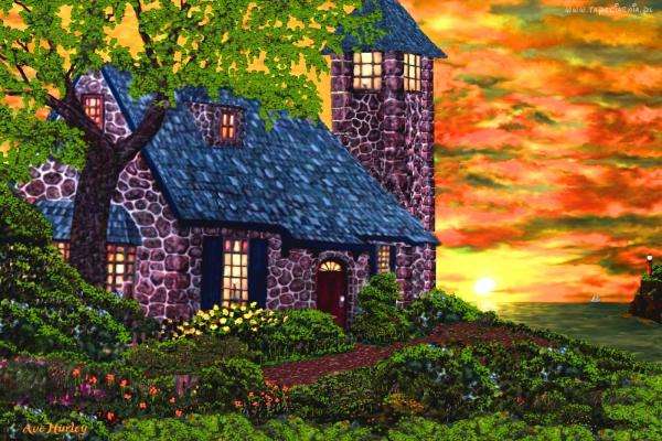 house, garden, tower, flowers online puzzle