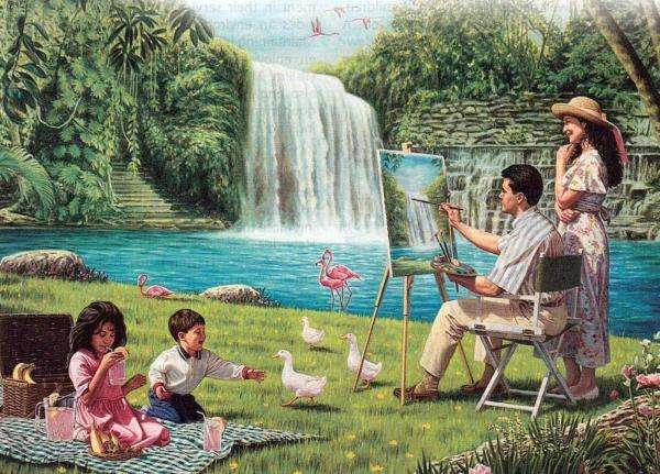 picknick, familj, målare, vattenfall pussel på nätet