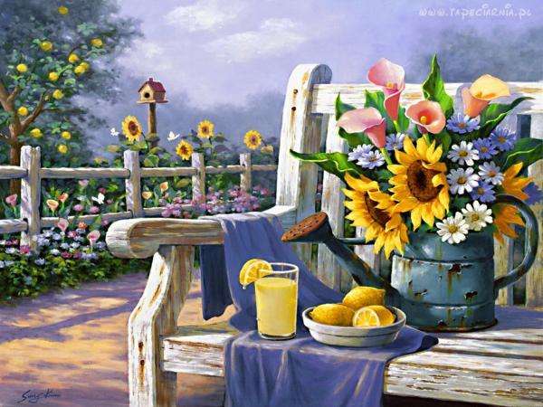 лавка, квіти, паркан, лимони пазл онлайн