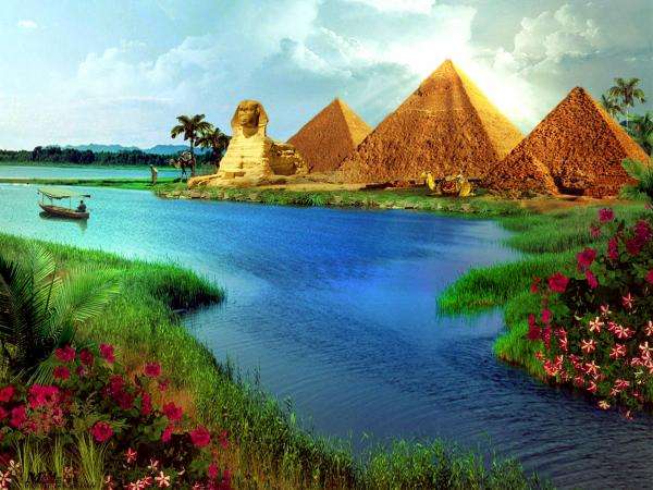 river, pyramids, sphinx, boat jigsaw puzzle online