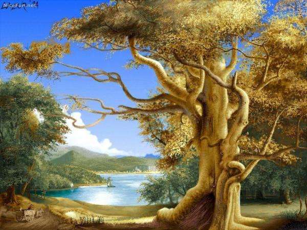 yellow tree above the bay jigsaw puzzle online