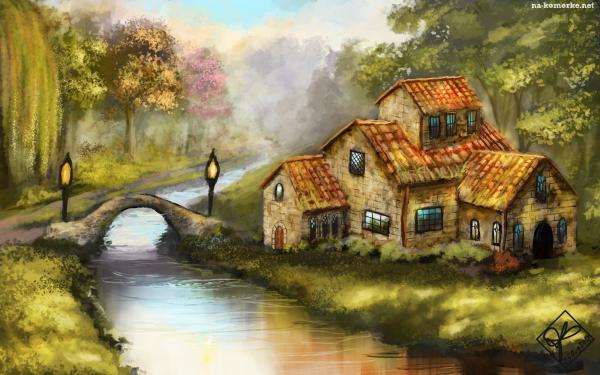 řeka, most, dům, stromy online puzzle