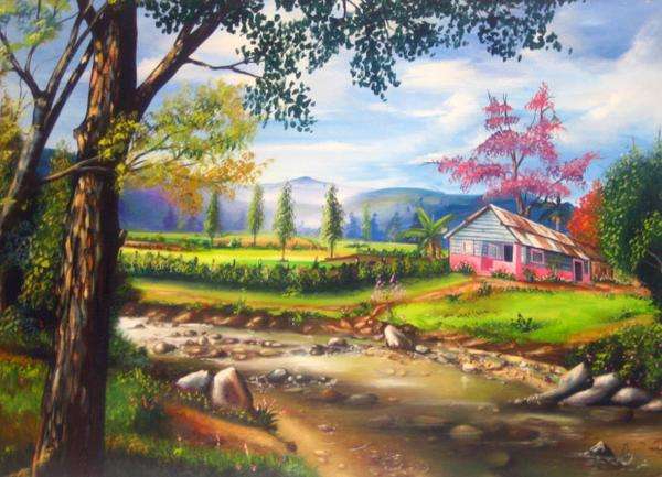 cottage, trees, river, view jigsaw puzzle online