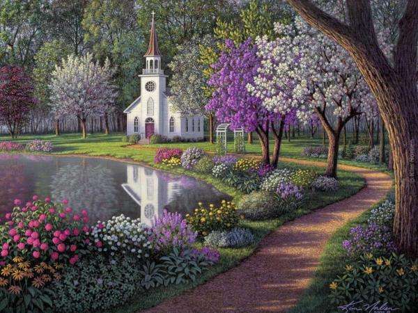 white church, pond, trees online puzzle