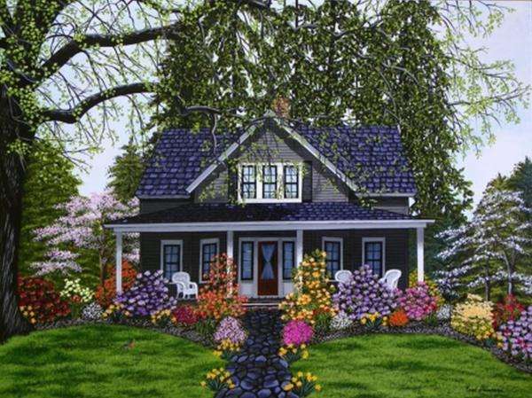 blue house in the garden jigsaw puzzle online