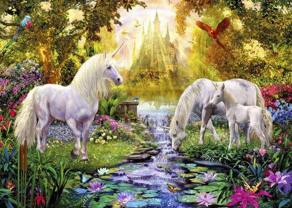 horses by the stream, forest, sun jigsaw puzzle online