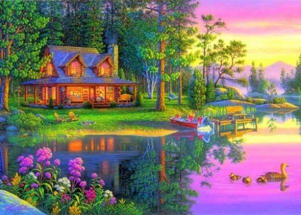 maison dans les bois au bord de l'étang puzzle en ligne