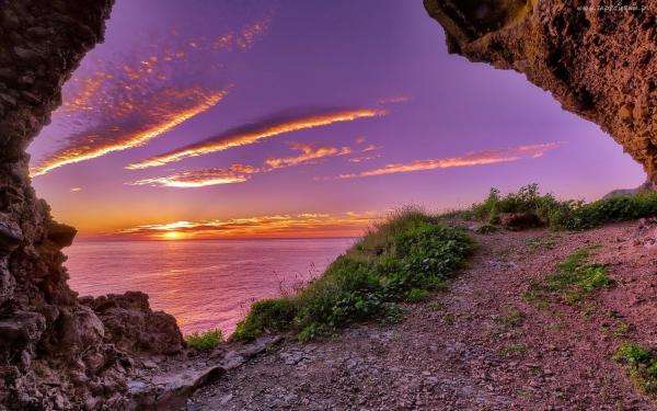 grotta, mare, tramonto puzzle online