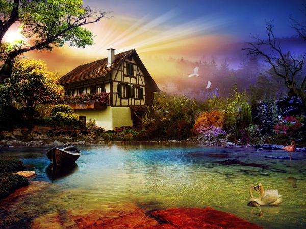 будинок біля води, дерева, сонце онлайн пазл