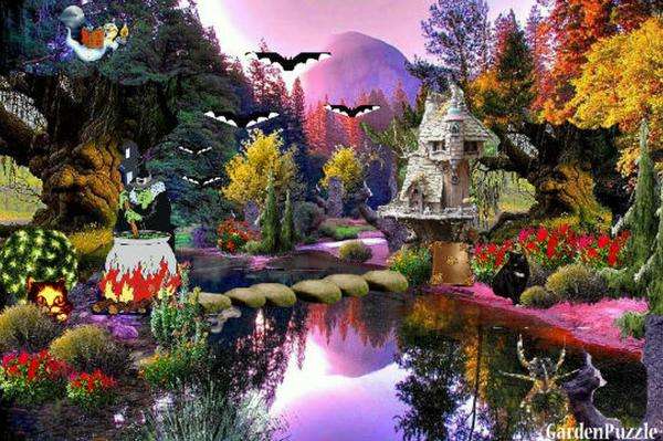 castelo, lago, matagal, pássaros puzzle online
