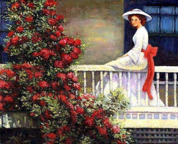 hölgy az erkélyen, rózsák kirakós online