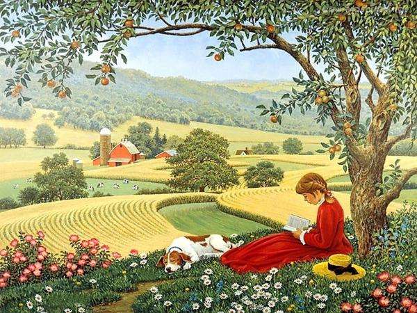 girl, dog, tree, meadow online puzzle