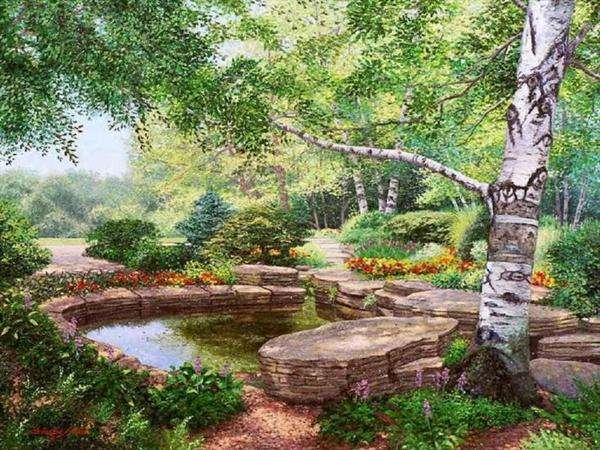 lagoa da floresta, pedras, árvores puzzle online