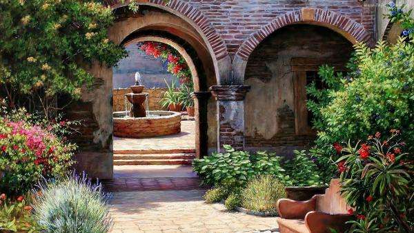 terasa, zahrada, fontána, křeslo online puzzle