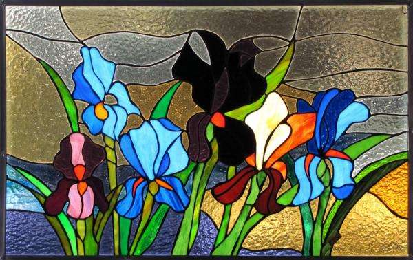 målat glas fönster med iris på glas Pussel online