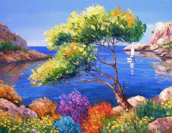 sea, rocks, tree, plants jigsaw puzzle online