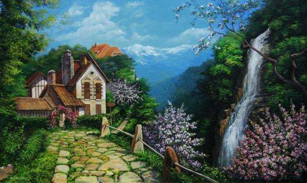 house in the mountains, waterfall jigsaw puzzle online