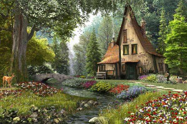 домик в лесу у ручья онлайн-пазл