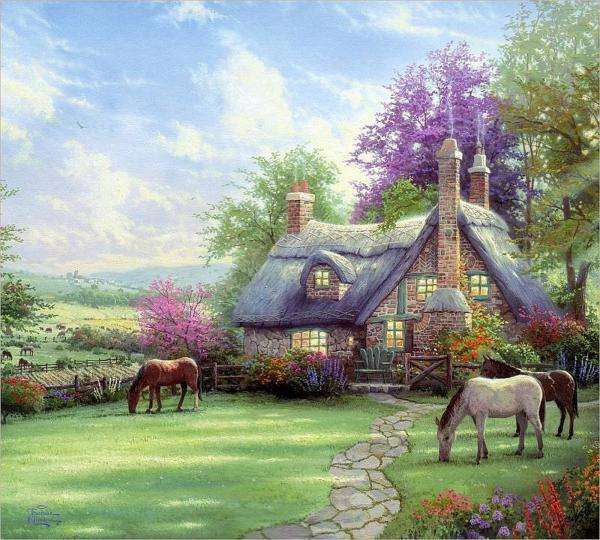 cottage, horses, lawn online puzzle