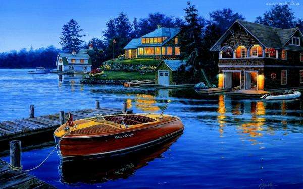 cabine in riva al lago, barca puzzle online