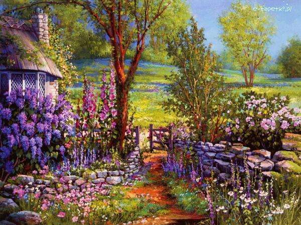 målning: hus, trädgård, stig Pussel online