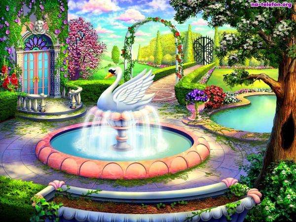 дом, сад, фонтан, лебедь онлайн-пазл
