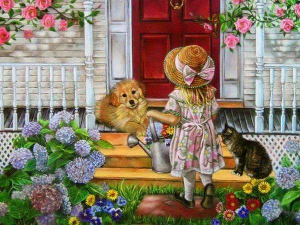 girl, doggy, kitten, house online puzzle