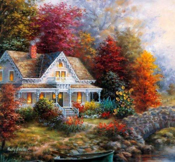 decorative house, autumn trees online puzzle