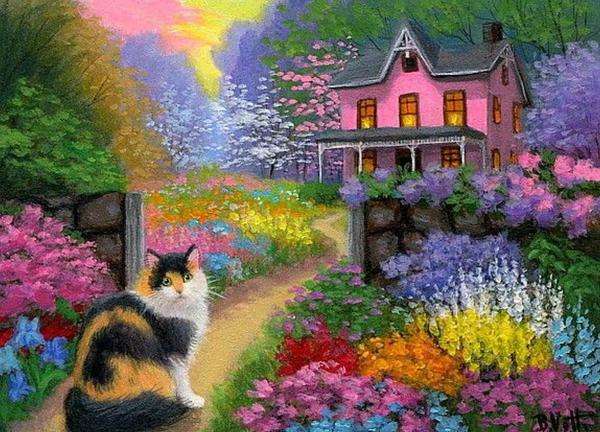 jardin, maison, chaton moelleux puzzle en ligne