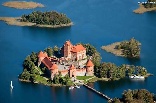 Schloss, See, Brücke, Litauen Online-Puzzle