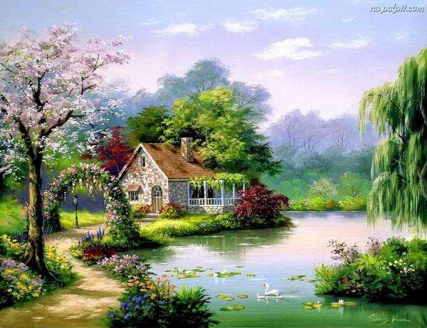 house, pond, tree, road jigsaw puzzle online