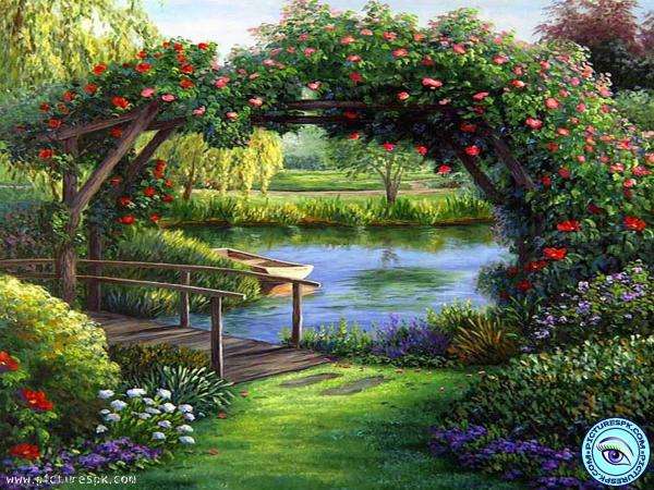 езерце, пергола, цветя, дървета онлайн пъзел
