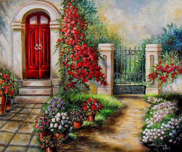 door, flower creepers, gate jigsaw puzzle online