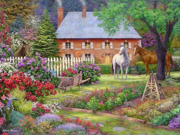 three horses and a brown hare in the yard jigsaw puzzle online