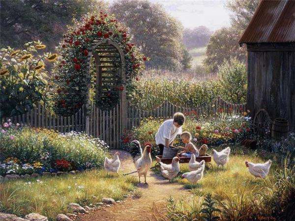 jardin, enfant, troupeau de poules puzzle en ligne