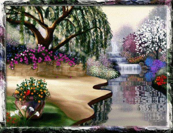Frühlingsgarten, Wasserfall, Bäume Puzzlespiel online