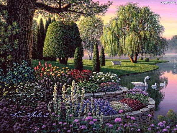 градина, езерце, лебеди онлайн пъзел