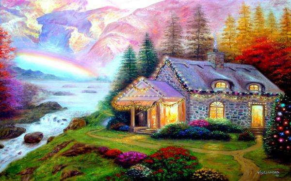 house, river, mountains, trees online puzzle