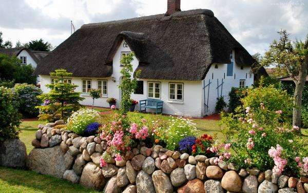 cottage di campagna, giardino, muro di mattoni puzzle online