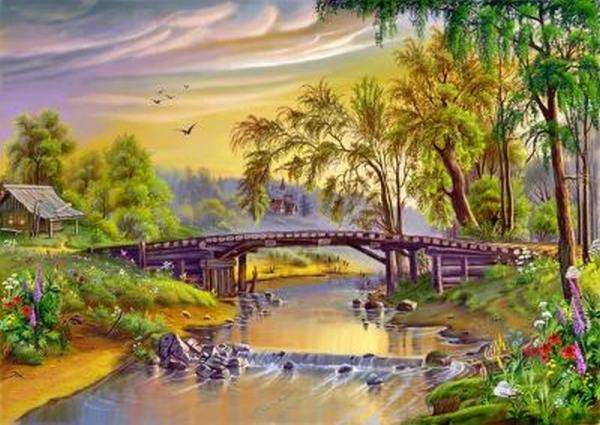 râu, pod, casă, copaci puzzle online