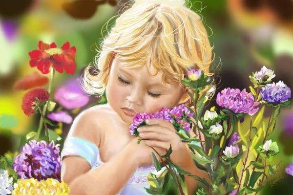 Маленька дівчинка з квітами пазл онлайн