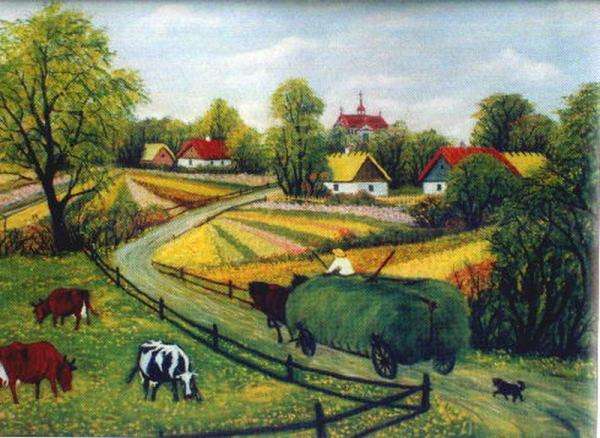 village, fields, cart with hay jigsaw puzzle online