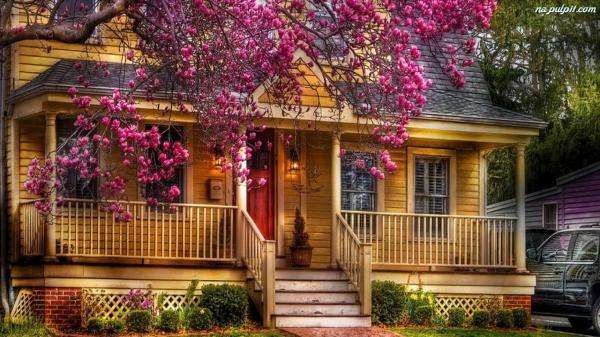 våren, hus, trappor, träd Pussel online