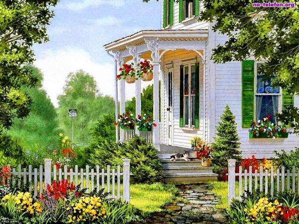 casa blanca, valla, flores rompecabezas en línea