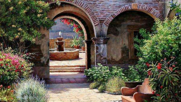 Terrasse, jardin, fontaine puzzle en ligne