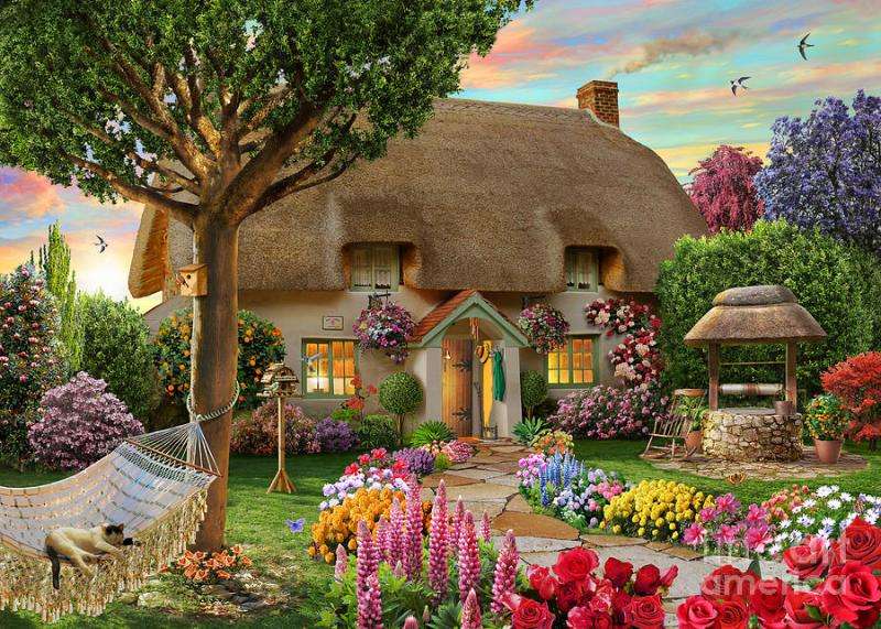 Cottage, grădină, hamac, pisică jigsaw puzzle online