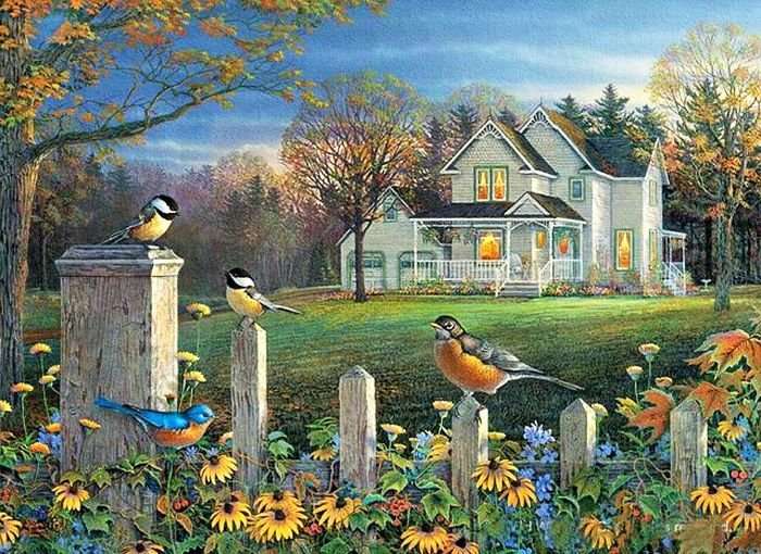 Hus med ett staket och fåglar Pussel online
