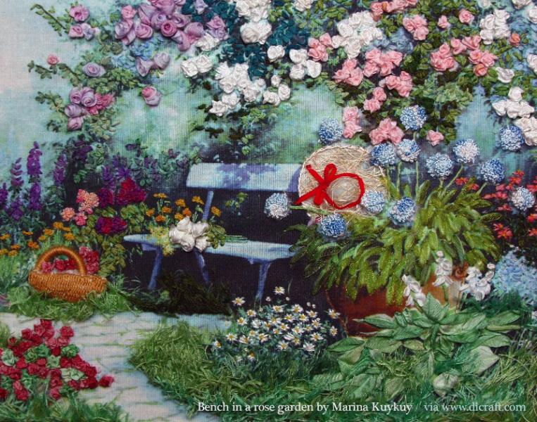 Ένας κήπος με λουλούδια και ένα παγκάκι παζλ online
