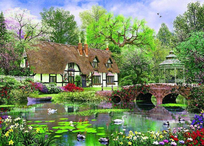 Cottage mit Strohdach, Brücke Puzzlespiel online